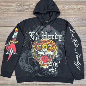Ed Hardy Mens Tiger Dagger Love Kills Slowly Black Hoodie EHM1300-52 2X NEW